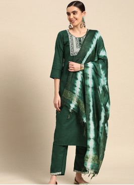 Bottle Green Poly Cotton Embroidered Kurta with Tr