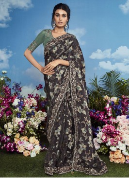 Brasso Black and Grey Embroidered Designer Saree