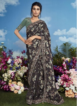 Brasso Black and Grey Embroidered Designer Saree