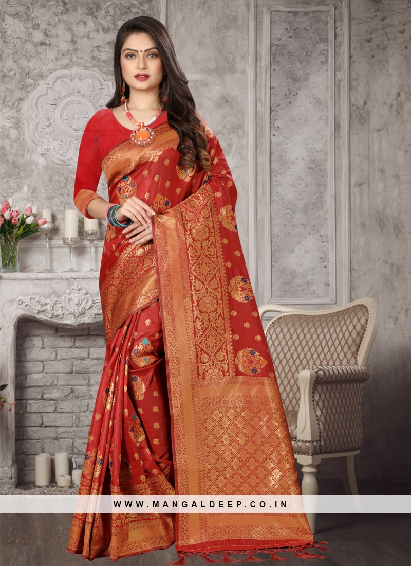 Banarasi Art Katan Silk Saree With Buti Weaving-Red – Banarasikargha