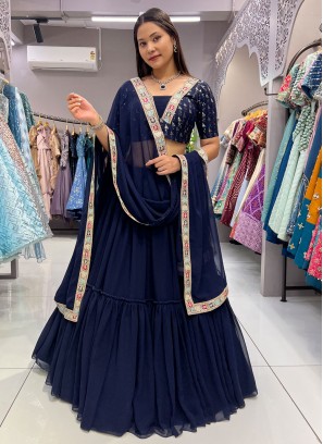 Brilliant Navy Blue Plain Georgette Readymade Lehenga Choli