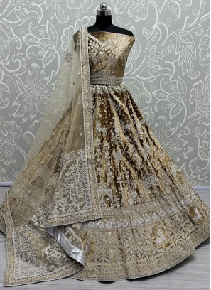 Brown and Gold Ceremonial Velvet Lehenga Choli