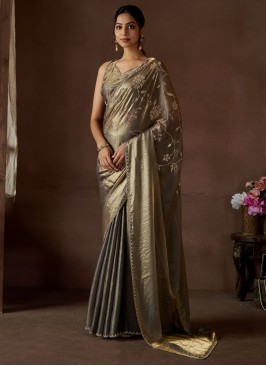 Brown and Grey Swarovski Satin Silk Trendy Saree