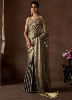 Brown and Grey Swarovski Satin Silk Trendy Saree