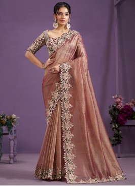 Brown and Peach Sequins Crush Designer Saree