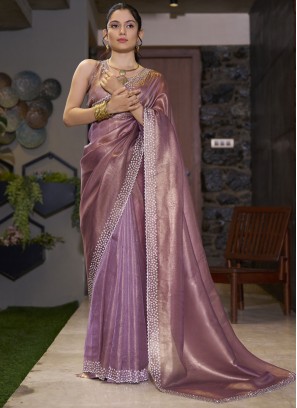 Brown and Purple Fancy Fabric Swarovski Designer Saree