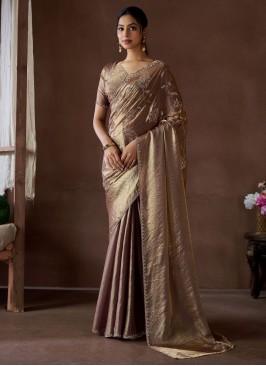 Brown Cutdana Satin Silk Contemporary Saree