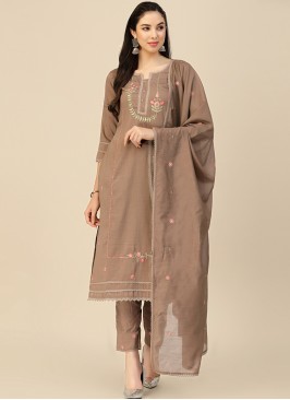 Brown Embroidered Chinon Straight Kurta with Trous