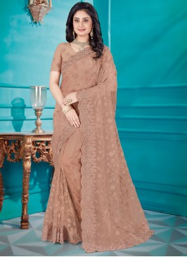 Brown Embroidered Net Classic Saree