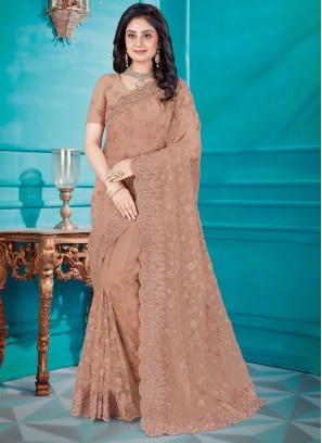 Brown Embroidered Net Classic Saree