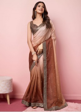 Brown Embroidered Organza Shaded Saree