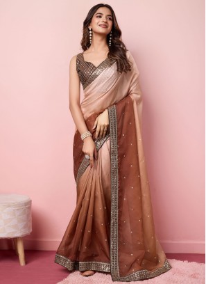 Brown Embroidered Organza Shaded Saree