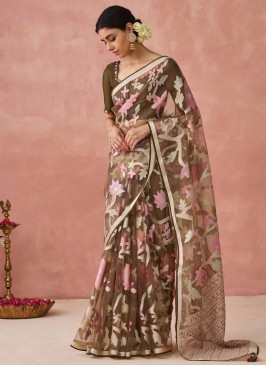 Brown Print Brasso Designer Saree