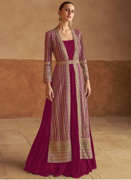 Burgundy and Rani Ceremonial Georgette Designer Gown