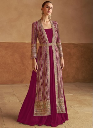 Burgundy and Rani Ceremonial Georgette Designer Gown