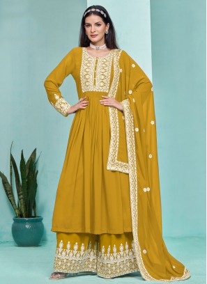 Buttons Faux Georgette Trendy Salwar Kameez in Mustard