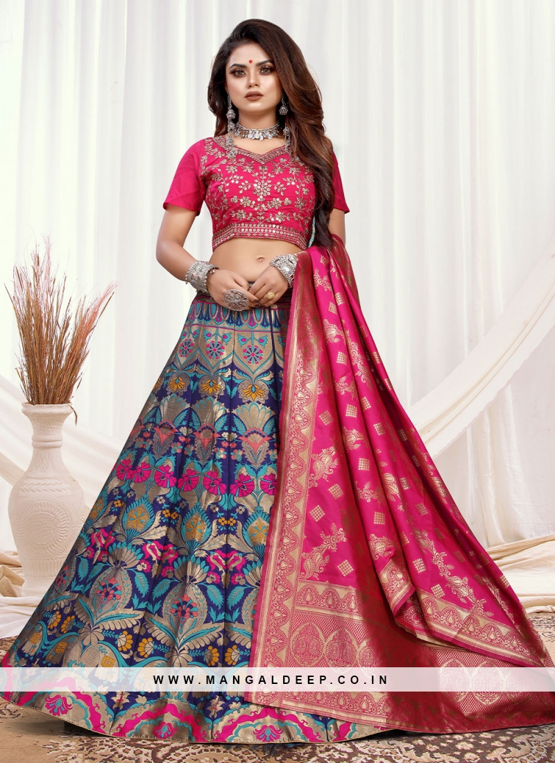 Indian Designer Pink Blue Lehenga Choli With Printed Work Wedding Lehenga  Choli Party Wear Lehenga Choli