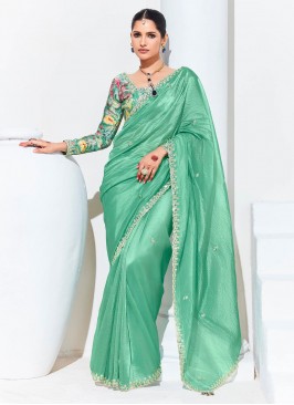 Captivating Embroidered Sea Green Organza Classic Saree