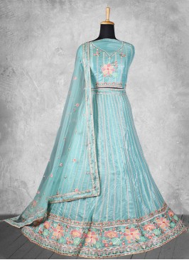 Captivating Georgette Blue Embroidered Trendy Lehe
