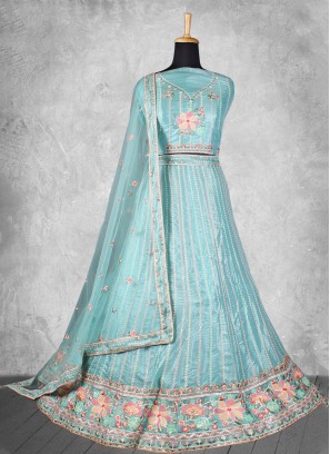 Captivating Georgette Blue Embroidered Trendy Lehenga Choli