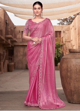 Captivating Satin Silk Pink Embroidered Bollywood Saree