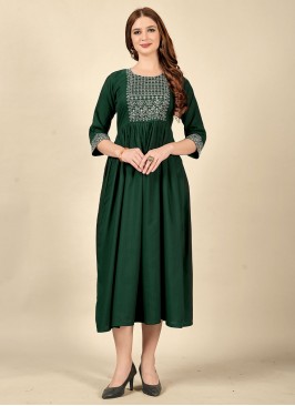 Casual Kurti Embroidered Cotton in Green