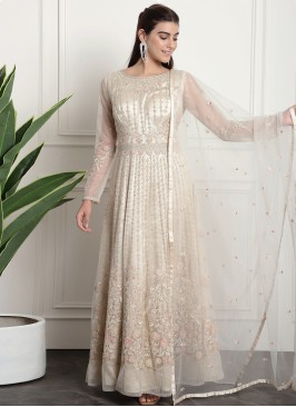 Catchy Embroidered Net Off White Anarkali Salwar Suit