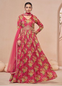 Catchy Print Net Pink Readymade Gown