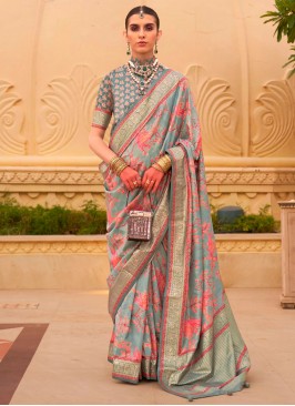 Celestial Floral Print Silk Grey Designer Saree