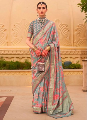 Celestial Floral Print Silk Grey Designer Saree