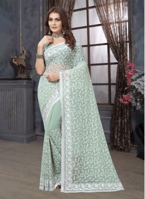 Celestial Georgette Embroidered Sea Green Contemporary Style Saree