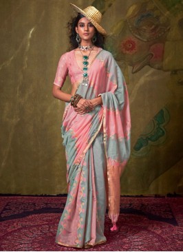 Celestial Grey and Pink Handloom Cotton Designer Saree