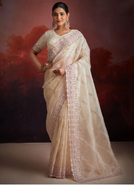 Celestial Net Embroidered White Designer Saree