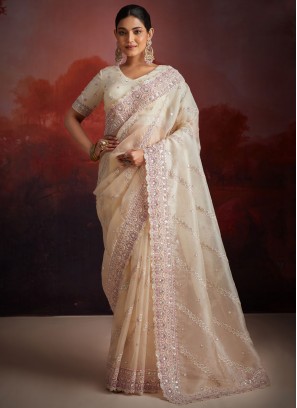 Celestial Net Embroidered White Designer Saree