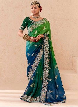 Celestial Weaving Green and Morpeach  Contemporary Saree