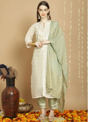 Chanderi Silk Off White Embroidered Salwar Suit