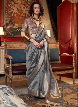 Charming Chiffon Grey Weaving Designer Saree