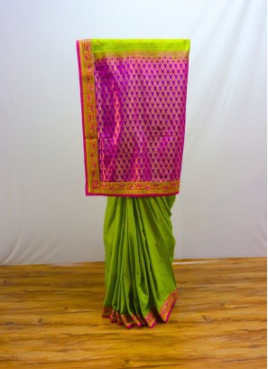 Charming Pink And Green Banarasi Silk Saree For Wedding