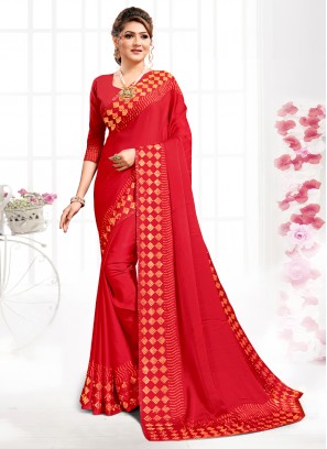 Charming Stone Red Satin Designer Saree