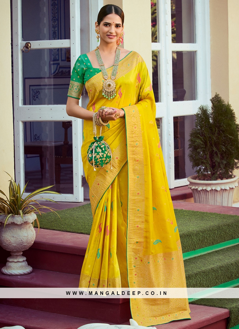 Buy Flower Design Work Blouse Chinnon Silk Saree (Yellow Green) online from  Riddhi Textile Hub