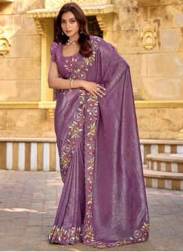 Chiffon Purple Embroidered Traditional Saree