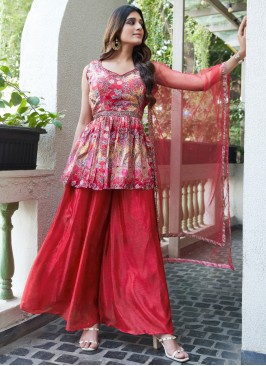 Chiffon Readymade Salwar Kameez in Red