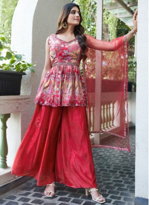 Chiffon Readymade Salwar Kameez in Red