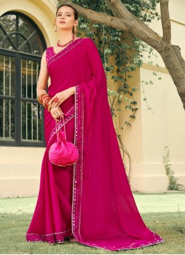 Chiffon Satin Contemporary Style Saree in Hot Pink