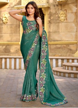 Chiffon Teal Contemporary Saree