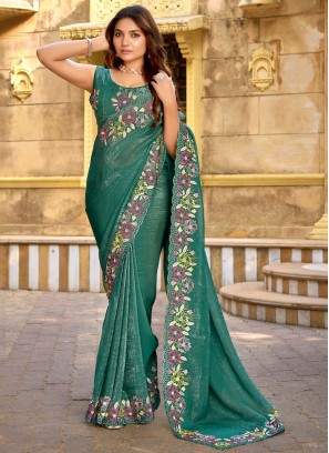 Chiffon Teal Contemporary Saree