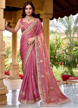 Chiffon Traditional Saree in Pink and Rust