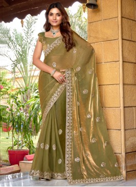 Chiffon Zari Contemporary Saree in Green