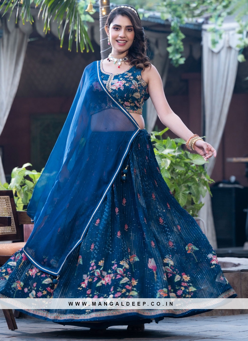 Chinon Digital Print Blue Readymade Lehenga Choli