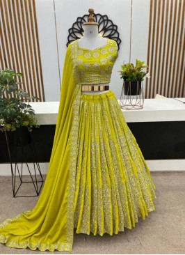 Chinon Embroidered Designer Lehenga Choli in Yellow